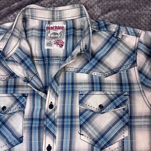 Machine Men's Casual Blue and White Plaid Shirt. Black Perl Snap pockets!!!